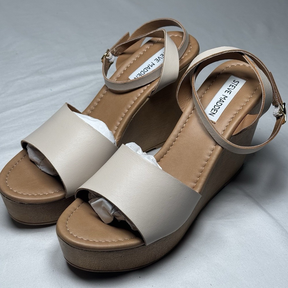 Steve Madden Welsh Leather Wedge Sandals Womens Size 9 Nude Platform Ankle Strap